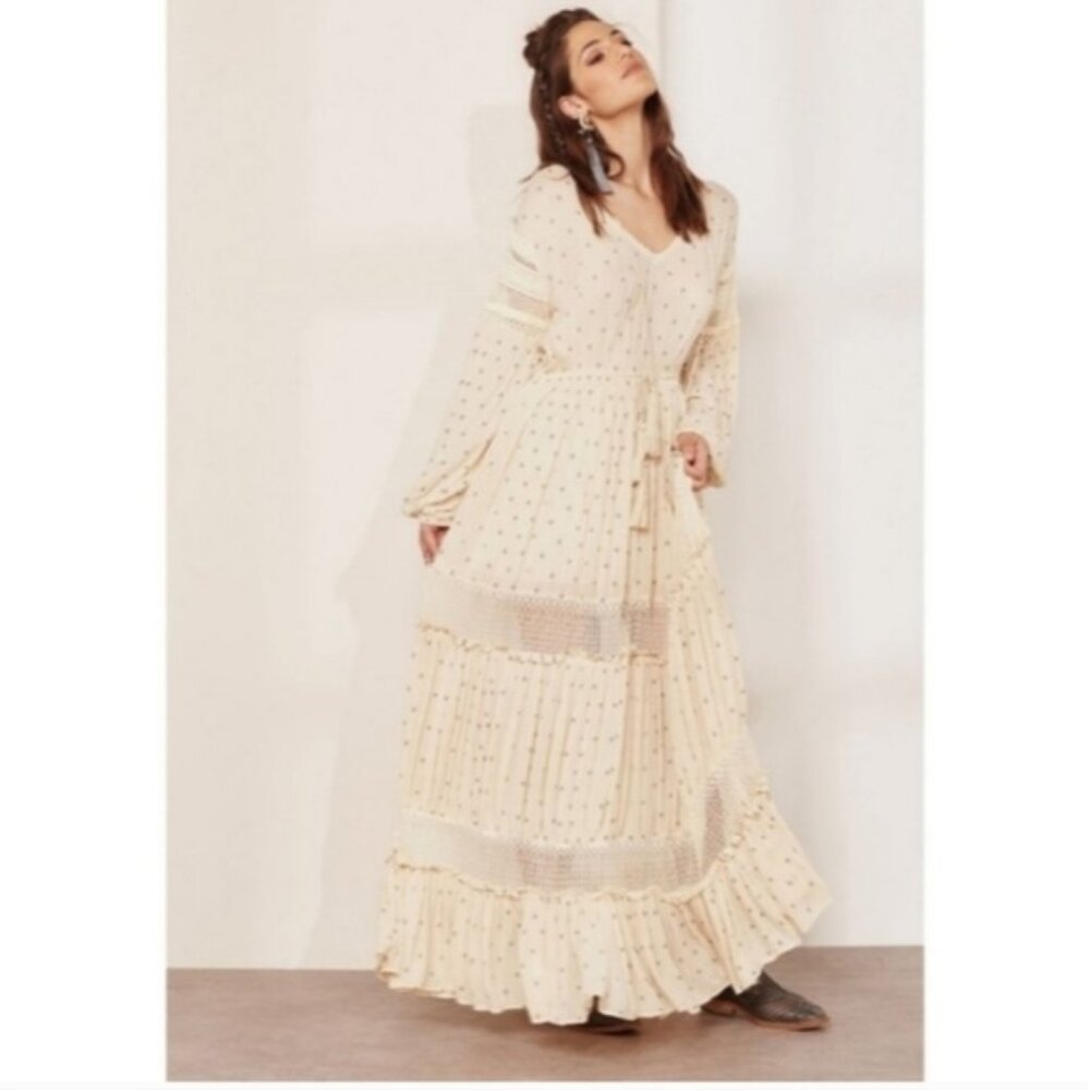 Free People Beige Sada Polka Dot Lace Trim Cotton Boho Peasant Maxi Dress Small